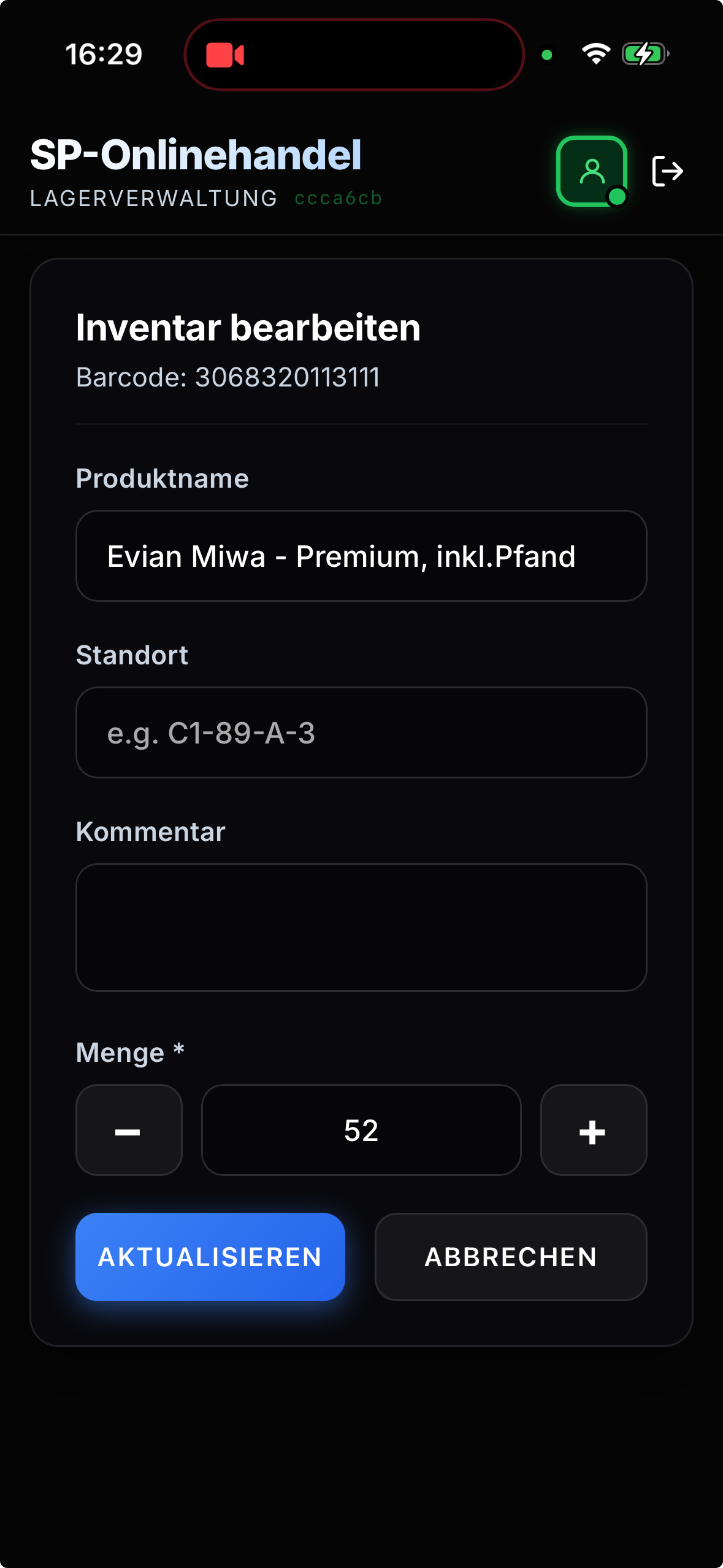StackStock-App: Artikel im Inventar bearbeiten — Produktname, Standort und Menge 52