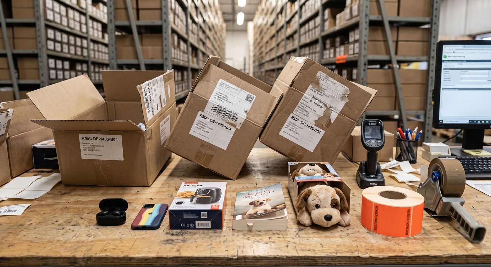 Packtisch mit geöffneten Retouren-Kartons und ausgelegten Einzelstücken im Lager