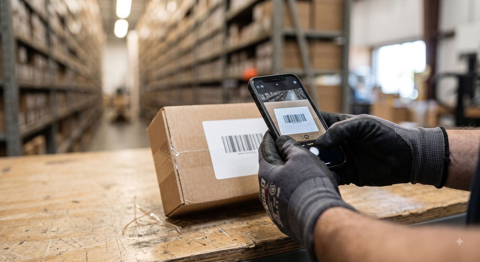 Hände in Arbeitshandschuhen scannen den Barcode eines Pakets mit dem Smartphone