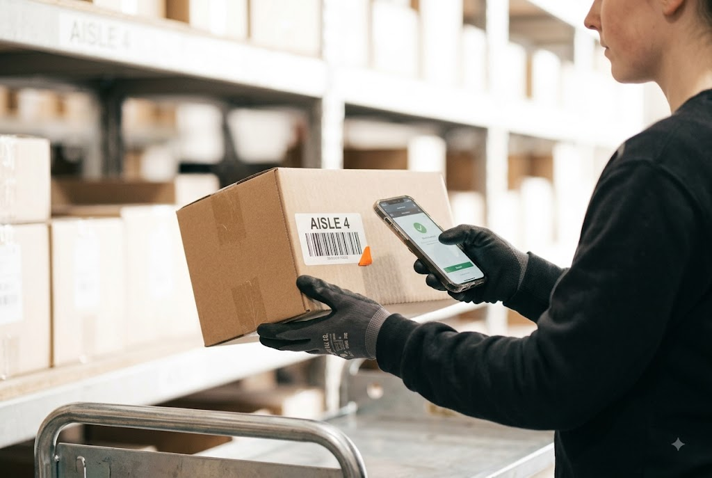 Nahaufnahme: Barcode auf einem Karton wird mit dem Handy gescannt